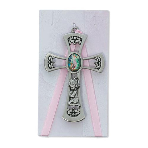 3 3/4" Guardian Angel Girl Pink Cross Card (Style: PW10-P)