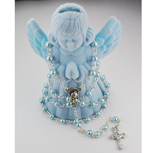 4 MM Blue Pearl Rosary with Guardian Angel Box (Style: R567AB)