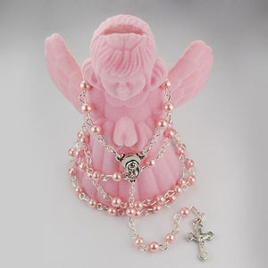 4 MM Pink Pearl Rosary with Guardian Angel Box (Style: R566AB)