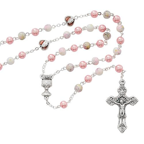 6mm Pink Marble Communion Rosary (Style: R659W)