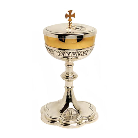 Gold Plated Covered Ciborium with Bright Oxidized Silver Accents (Style K2522)