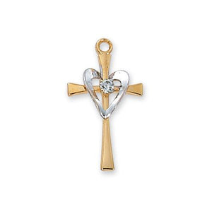 Gold Over Sterling Silver Cross With Silver Heart Chain and Box (Style: J9117)