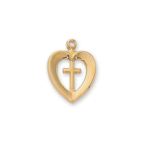 Gold Over Sterling Silver Heart Cross 18" Chain and Box (Style: J419)