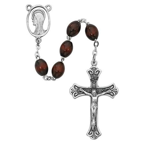 Oval Brown Wood Rosary Boxed (Style: R437F)