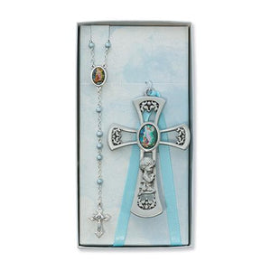 Pewter Boy Cross With Guardian Angel Rosary Set (Style: BS35)