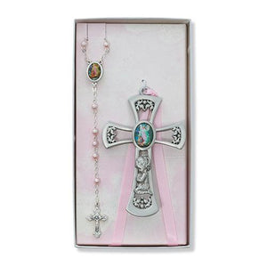 Pewter Girl Cross With Guardian Angel Rosary Set (Style: BS36)