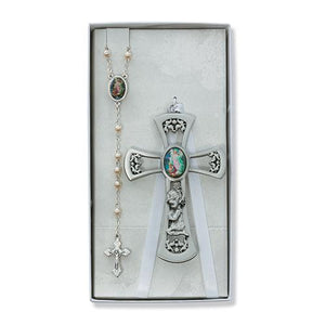 Pewter Girl Cross With Guardian Angel Rosary Set (Style: BS37)