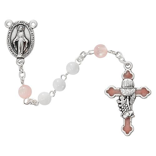 Pink and White Imm Pearl Rosary (Style: R667W)