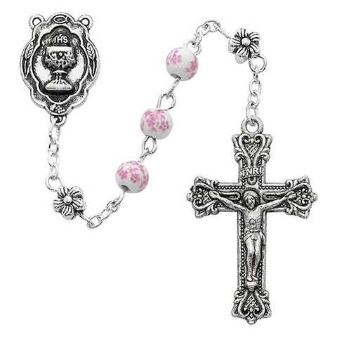 Pink Ceramic Flower Communion Rosary (Style: R628W)