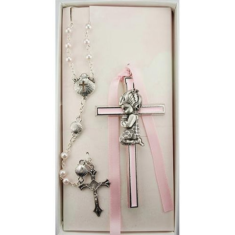 Pink Girl Cross and Shell Rosary (Style: BS51)