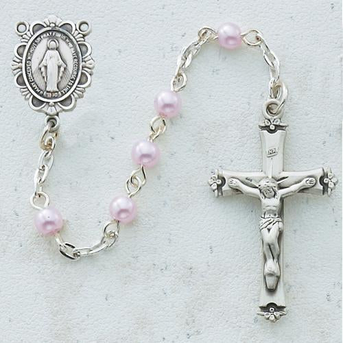 Rhodium 5mm Pink Pearl Rosary (Style: C2RW)
