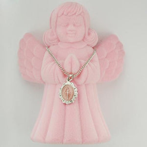 Rhodium Plated Pink Miraculous, 13" Chain Angel Box (Style: RC595PAB)