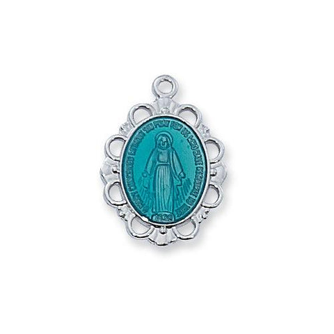 Sterling Silver Blue Miraculous Medal Chain and Box (Style: L576)