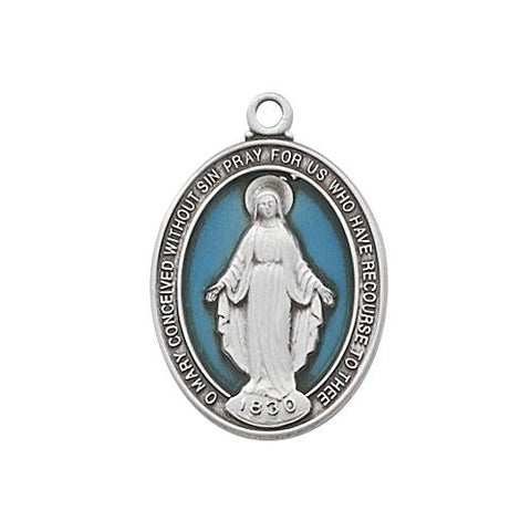 Sterling Silver Blue Miraculous Medal Chain and Box (Style: L756)