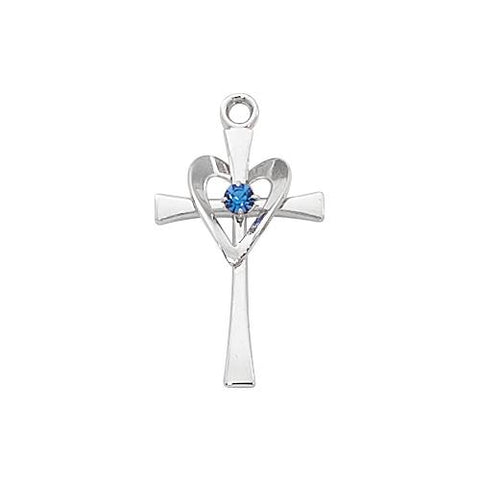 Sterling Silver Cross Silver With Blue Stone and Heart (Style: L9177)