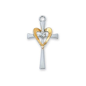 Sterling Silver Cross Silver with Gold Heart Chain and Box (Style: L9117)