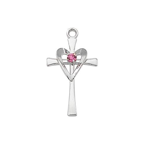 Sterling Silver Cross Silver With Rose Stone and Heart (Style: L9178)