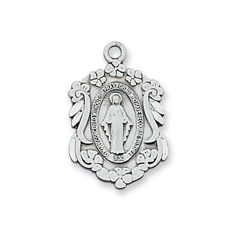 Sterling Silver Miraculous Medal 18" Chain and Box (Style: L582)