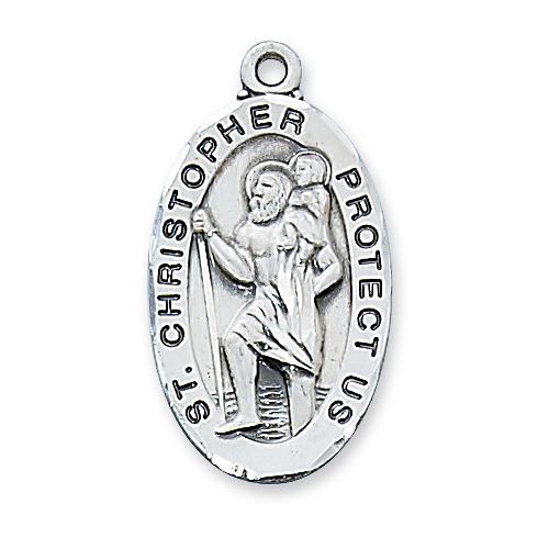 Sterling Silver Oval St. Christopher 24" Chain and Box (Style: L607)