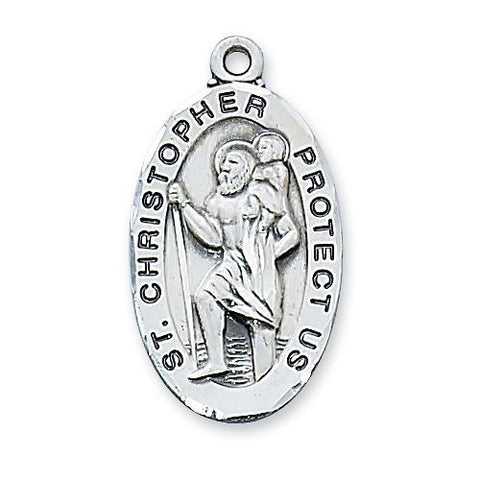 Sterling Silver Oval St. Christopher 24" Chain and Box (Style: L607)