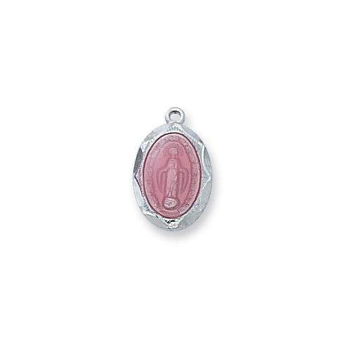 Sterling Silver Pink Miraculous Medal 16" Chain and Box (Style: L1203MIP)