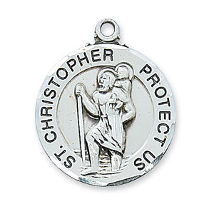 Sterling Silver Round St. Christopher 24" Chain and Box (Style: L608)