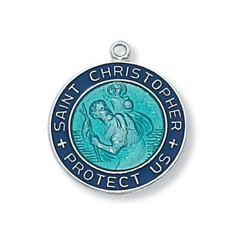 Sterling Silver St. Christopher Blue 18" Chain and Box (Style: L2014)