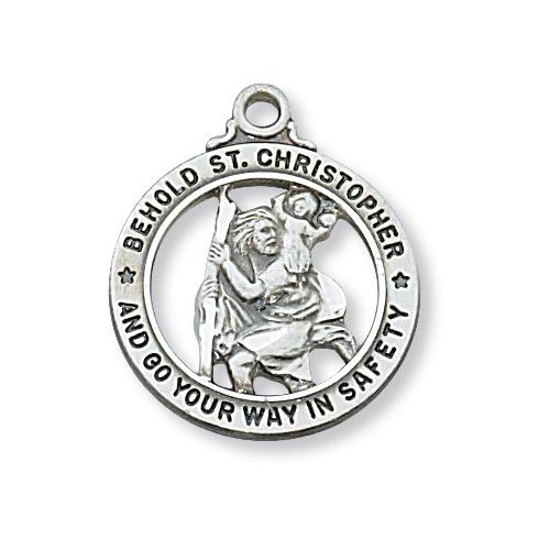 Sterling Silver St. Christopher Open Rhodium Medal 20" Chain and Box (Style: L604)