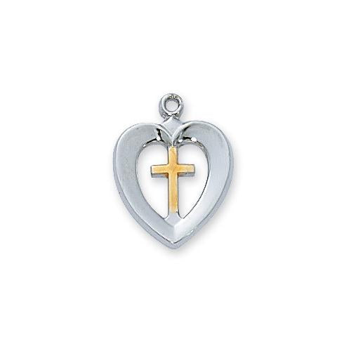 Sterling Silver Tutone Heart Cross Silver 18" Chain and Box (Style: L596)